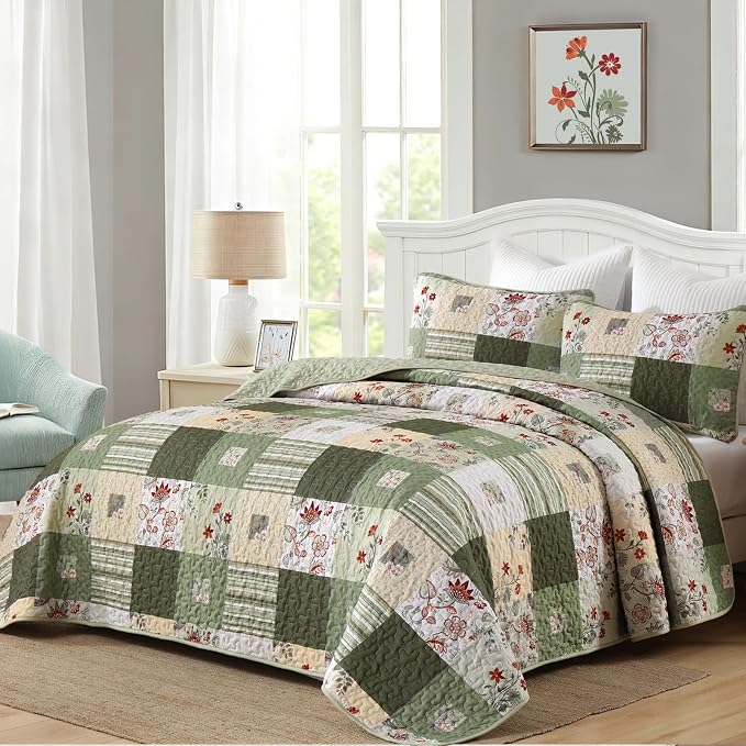 Anibedding Patchwork Quilt Set Queen Size, Green Floral Plaid Bedspread | 3 Pcs Country Floral Coverlet Set, Soft Lighweight Farmhouse Quilt Bedding Set 3 Pieces for All Season, 96''x90''