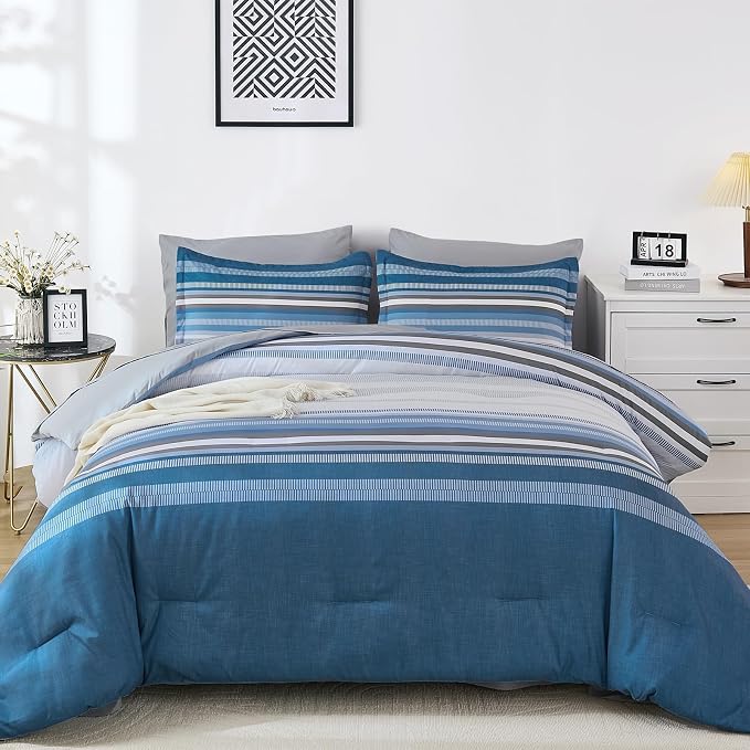 Dobuyly Grayish Blue King Size Comforter Set 7 Piece, Boho Striped Bed in a Bag Soft Microfiber All Season, Blue and Grey Bedding Set with Comforter, Sheets, Pillowcases & Shams