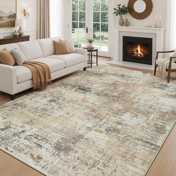 Rugflix 8x10 Area Rugs for Living Room, Washable Gold Beige Grey Large Rug | Machine Washable; Stain-Resistant; Low Pile; Non-Slip; Modern Abstract; Carpet for Bedroom Dining Office Nursery Home