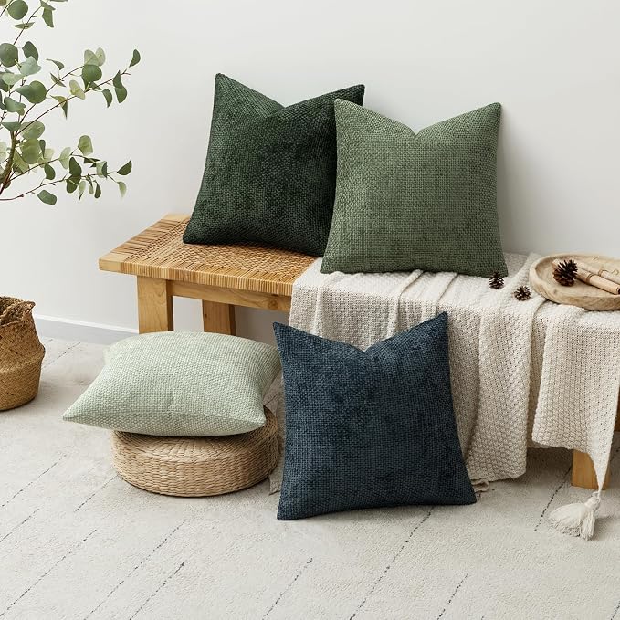 MIULEE Soft Decorative Chenille Pillow Covers Green Navy 20x20 Pack of 4 | Nordic Home Decor, Moody Green–Navy Set, Couch Throw Pillows, Farmhouse Boho Cushion Covers for Sofa Bed Living Room