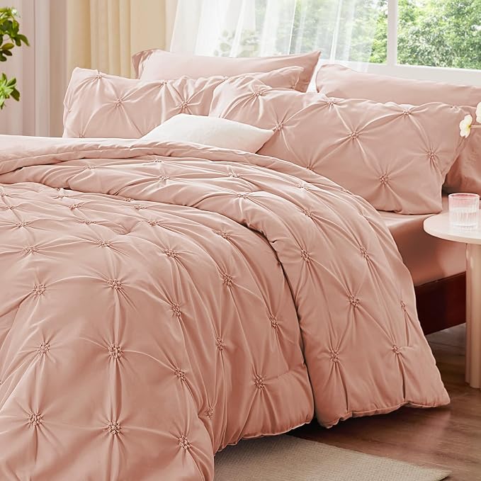 BEDELITE Twin Comforter Set Dusty Pink,Lightweight & Soft Comforter | Pintuck Boho Bedding, Warm & Cute Bed Set for All Season,With 1 Pillowcase