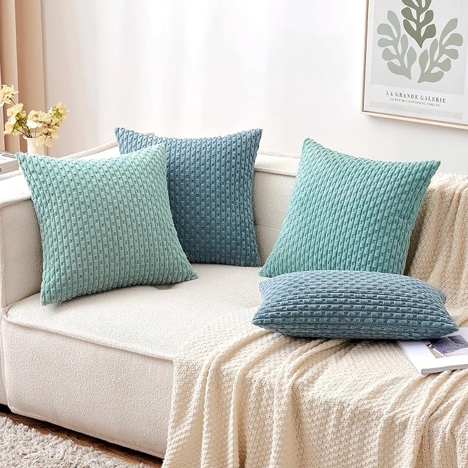 MIULEE Decorative Throw Pillow Covers 18x18 Blue Grey Textured Corduroy | Pack of 2 Striped Pillow Covers Modern Farmhouse Coastal Home Decor for Couch Bed Sofa Living Room