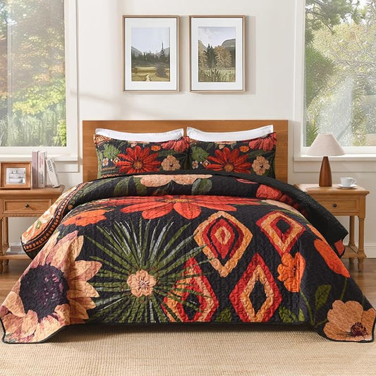 Quilt King Size, Black Floral Boho Summer Bedspread 3 Pieces | Red Flower Botanical Summer Bedspreads with 2 Shams, Reversible Polyester Coverlet Set for All Seasons, 106"x96"