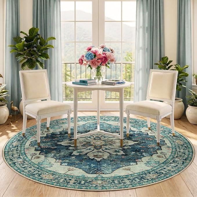 RELEANY Washable Area Rug, Round 5ft, Blue/Vintage Dark Blue | Non-Slip, Water Repellent, Pet Friendly, Easy to Clean, Vintage Floral Boho Decor for Living Room Bedroom Dining Room