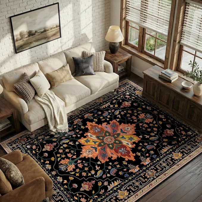 RELEANY Washable Area Rug, 6'x9', Black/Colorful | Non-Slip, Water Repellent, Pet Friendly, Easy to Clean, Vintage Floral Boho Decor for Living Room Bedroom Dining Room Office