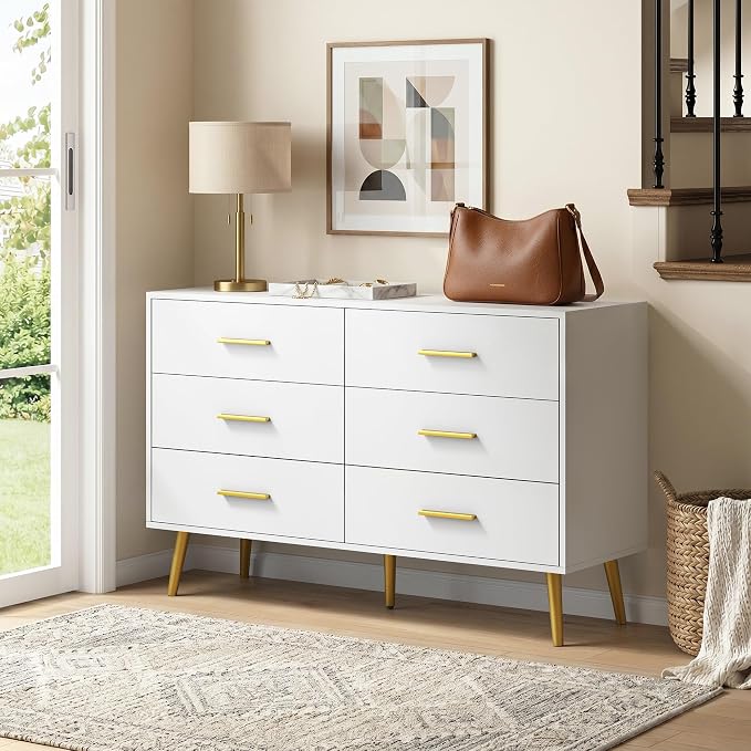 White 6 Drawer Dresser for Bedroom, 47" Wood Dresser with Gold Handles. | Modern Dressers & Chests of Drawers for Living Room, Hallway, Entryway.