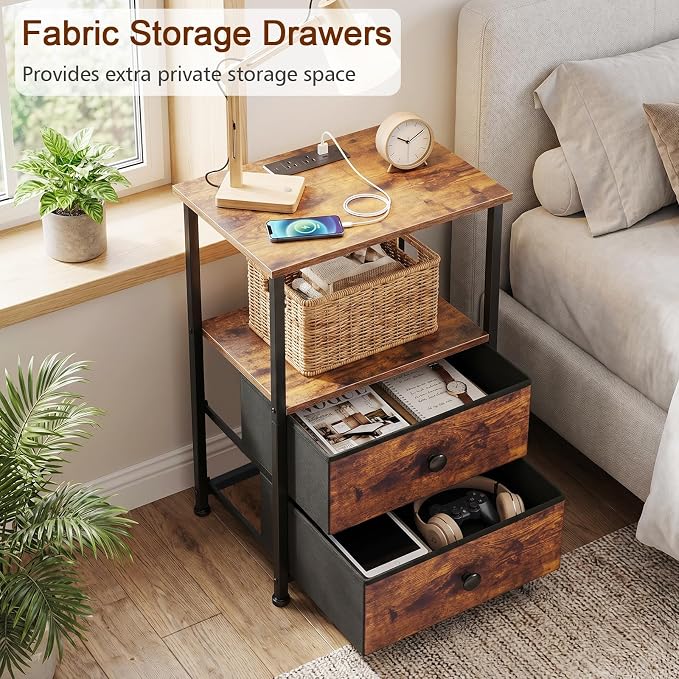 Nightstands Set of 2, Night Stand with Charging Station | Bedside Table with 2 Fabric Drawers for Bedroom, End Tables with Storage Shelf for Small Spaces, Rustic Brown