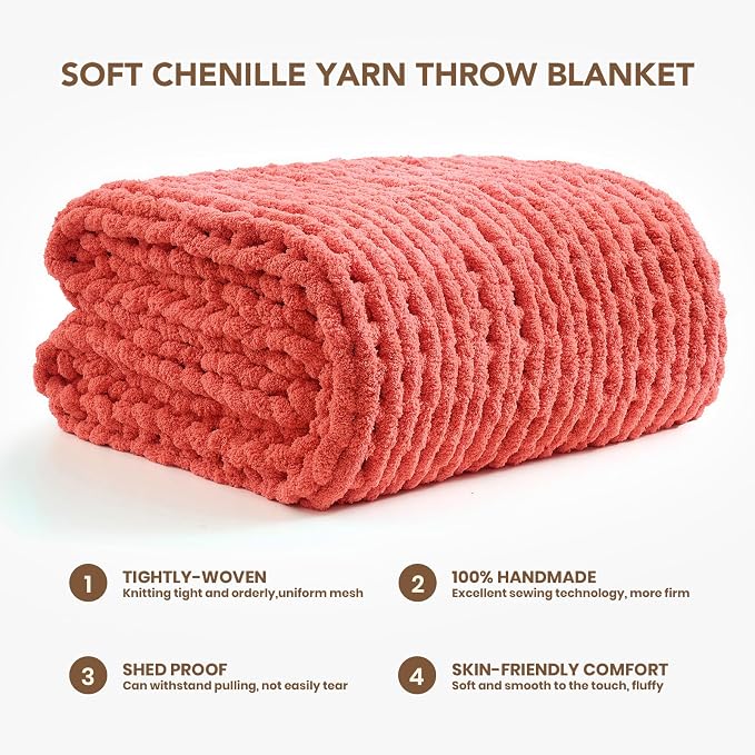 L'AGRATY Chunky Knit Throw Blanket for Couch, 60 x 80 Inches, Coral Pink | Handmade Chenille Crochet Blanket for Sofa Bed, Thick Cable Knitted Blankets for Room Home Decor, Birthday Gift for Women Mom
