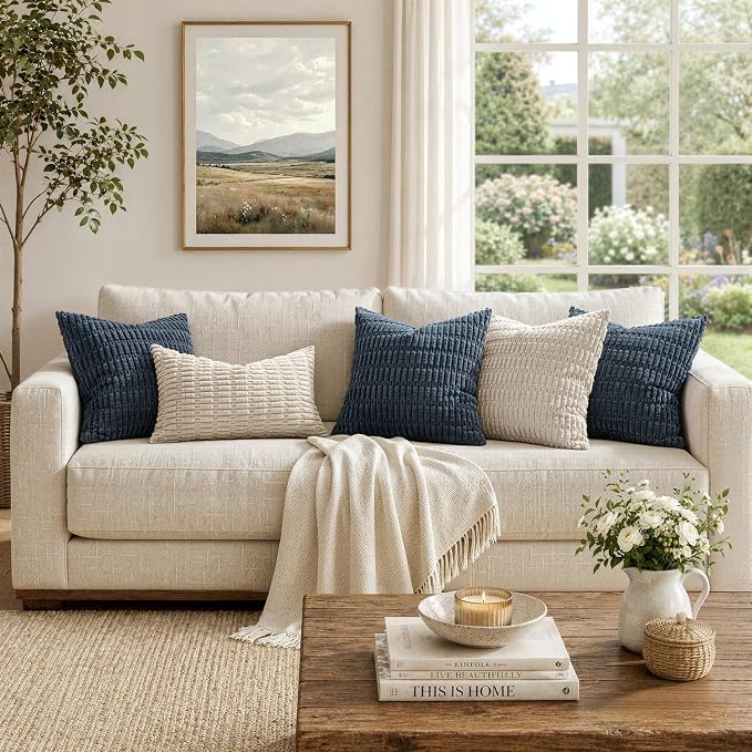 MIULEE Euro Sham Corduroy Decorative Throw Pillow Covers 24x24 Blue | Pack of 2 Soft Boho Striped Pillow Covers Modern Farmhouse Coastal Home Decor For Sofa Living Room Couch Bed