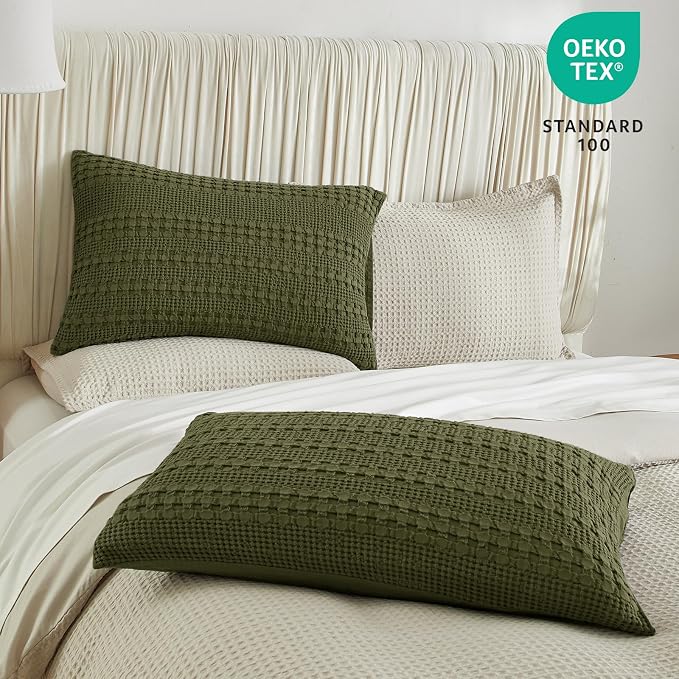 PHF 100% Cotton Waffle Pillow Shams Queen Size, 2 Pack 20" x 30" Soft Skin-Friendly Pillowcases, No Filling, Aesthetic Woven and Breathable Waffle Weave Pillow Case Covers for Bed, Capulet Olive