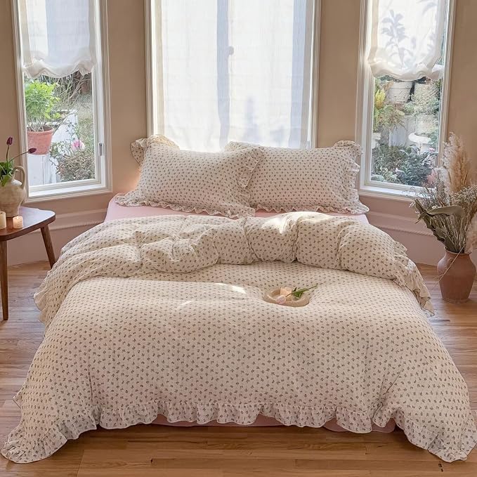 Muslin Cotton Duvet Cover Full, Teens Kids Ruffles Comforter Cover, Chic Shabby Pink Bellflower Print Quilt Covers 79"x90", Zipper Closure, No Pillow Case, Machine Wash