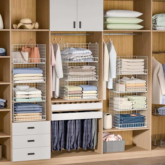 Yociyoga 4-Tier Stackable Closet Organizers and Storage Basket, Foldable Closet Shelf Organizer System, Space-Saving Clothes Storage Drawer Organizer for Wardrobe, White (Patent 30022416)