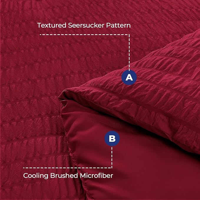 HYMOKEGE Burgundy Duvet Cover King Size, Ultra Soft 3-Piece Seersucker Duvet Cover Set with Zipper Closure, Soft Brushed Microfiber Bedding Set with 8 Corner Ties (104"x90", 2 Pillowshams)