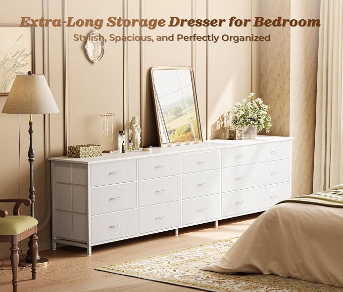 Huuger 78.7 inch Long Dresser for Bedroom, 15 Drawer Fabric Dresser for Closet, Large TV Stand for 65, 75, 85 inch TV, Wide Chest of Drawer with Storage, 78.7" W x 12.9" D x 26.7" H, White