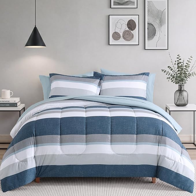 Monbix King Size Comforter Set-7 Pieces Soft Bed in a Bag King Bedding Set | All Season Sailor Blue Striped Reversible Comforter with Sheets, Pillowcases & Shams