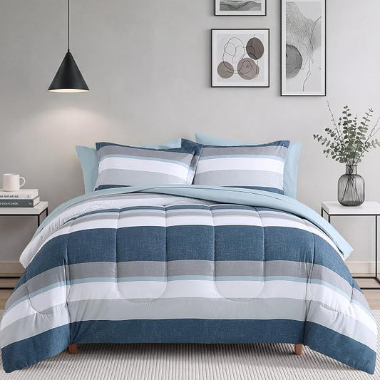 Monbix Queen Comforter Set-7 Pieces Striped Bed in a Bag Queen Bedding Sets | All Season Sailor Blue Reversible Soft Comforter Bed Set with Sheets, Pillowcases & Shams