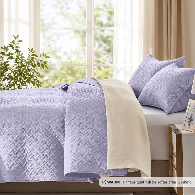 FLYMME Quilts Queen Size,Lightweight Lavender Bedspreads,Basket Weave Pattern,Ultra Soft Microfiber Bed Coverlet 3 Pieces for All-Seasons (1 Quilt,2 Shams)