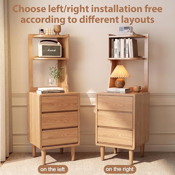Solid Wood Bookshelf Nightstand Combo, Tall Nightstand with Bookshelf | Oak Nightstand Bookshelf,Narrow Nightstand with Drawers,Open Shelf Bookcase,for Bedroom,Living Room,Offices