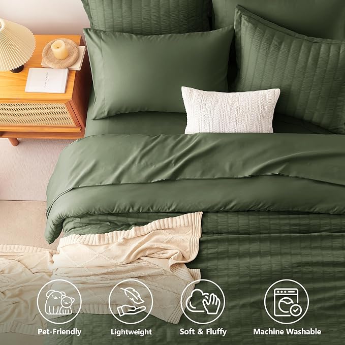 Full Comforter Sets, 7 Pieces Olive Green Seersucker Bed in a Bag | OEKO-TEX Certified, All Season Bedding Set with 240 GSM Down Alternative Comforter, Flat & Fitted Sheets, Pillowcases & Shams