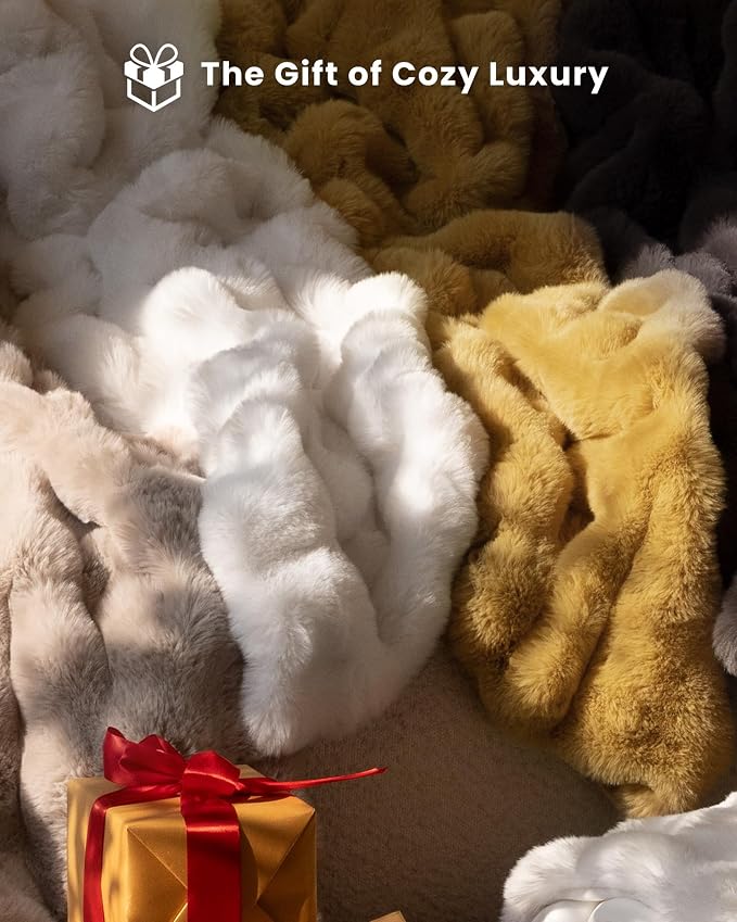 Ultra Soft Cozy Faux Fur Throw Blanket, Fuzzy Plush Thick Bubble Blanket, Oversize Luxury Fluffy Blanket for Couch, Bed, and Living Room, 60x80 Inches, Cream White