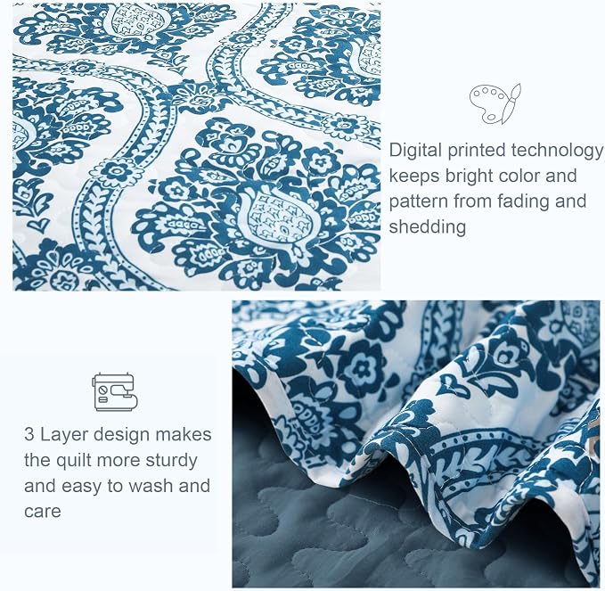 Exclusivo Mezcla Reversible Boho Quilts Queen Size Blue | Lightweight Soft Bedspreads, All Season Damask Coverlet Bedding Set, Printed Floral Pattern, 1 Quilt and 2 Pillow Shams