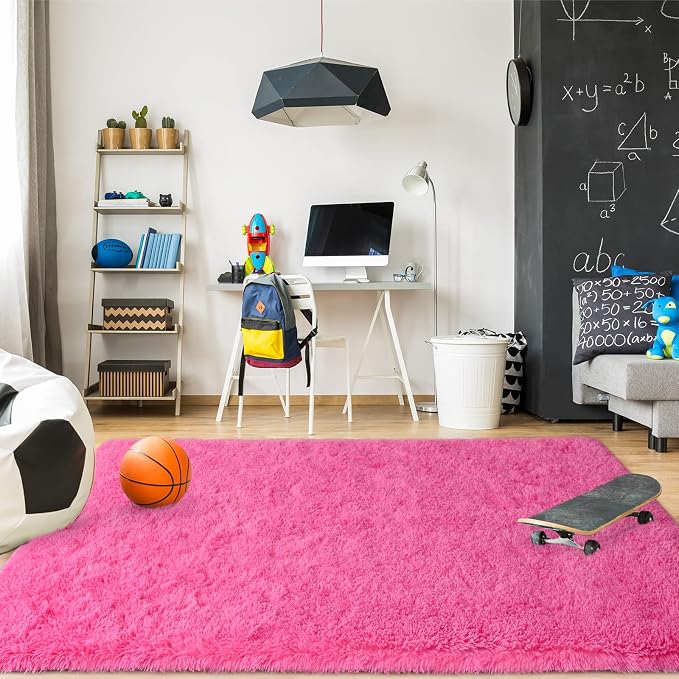 Modern Soft Fluffy Large Shaggy Rug for Bedroom Livingroom Dorm Kids Room Indoor Home Decorative, Non-Slip Plush Furry Fur Area Rugs Comfy Nursery Accent Floor Carpet 4'x6' Hot Pink