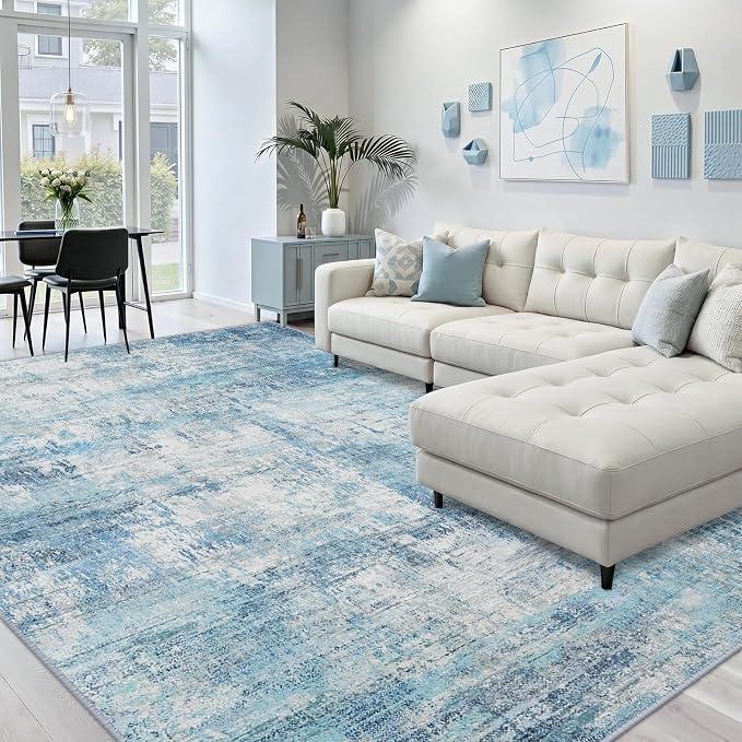 RELEANY Washable 8'x10' Abstract Area Rug for Living Room Teal Blue | Carpet for Bedroom, Kitchen, Office, Hallway and Entryway, Printed Pattern, Non‑Slip, Soft, Stain‑Resistant, Easy to Clean