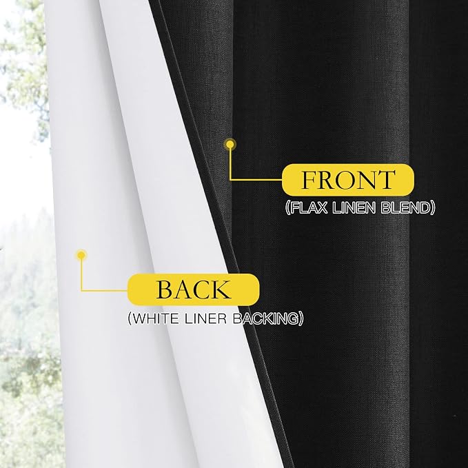 NICETOWN Vintage Open Linen Weave Flax Thermal Curtains, 100% Blackout Curtains 45 inches Long for Dining Room, Soundproof Window Treatment Drapes for Cafe, Black, 52" Wide Per Panel, Set of 2