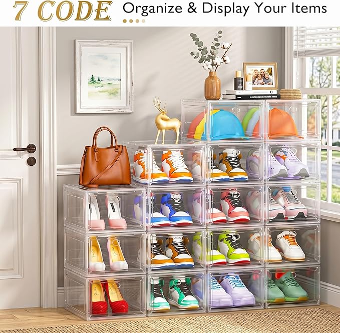 Sturdy Clear Shoe Organizer with Magnetic Door, Stackable Shoe Storage Box | Thick Plastic Shoe Storage for Sneakers & Boots, Collapsible Closet Shoe Rack and Clear Shoe Box, 6 Pack White