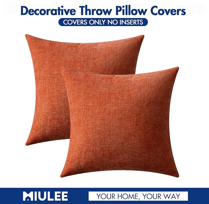 MIULEE Soft Chenille Fall Throw Pillow Covers Rust 18x18 Inch Pack of 2 | Modern Fall Home Decor, Classic Decorative Pillows, Solid Dyed Cases, Boho Couch Cushion Covers for Sofa Bed Living Room