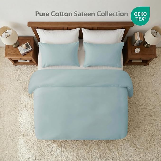 HeimenAogo Egyptian Cotton Duvet Cover Queen Size Sateen Weave, Silky Soft and Breathable Bedding Set with Zipper Closure, Long Staple Cotton Bed Linen Skylight Blue 3Pcs (90"×90")