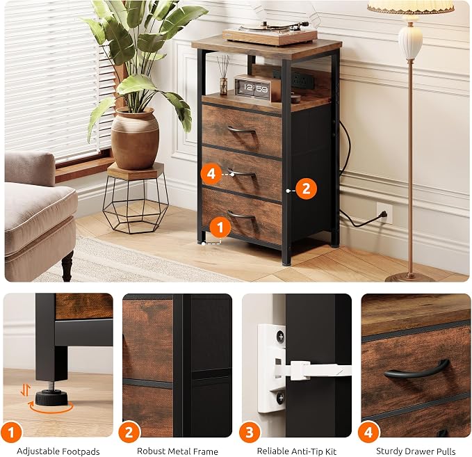 Lazzanto Night Stand with Charger Station, 3 Fabric Drawers, Brown | Nightstand, Bedside Table, Open Shelf, Built in USB-A, USB-C Port & AC Outlets, For Bedroom, Dorm, Living Room