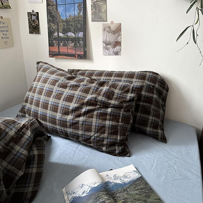 mixinni Vintage Brown & Blue Buffalo Plaid Duvet Cover Set Twin XL Size - 3 Piece Washed Cotton Bedding Set with Grid Pattern, Soft & Breathable Duvet Cover with Pillowcases for Boys, Men& Women