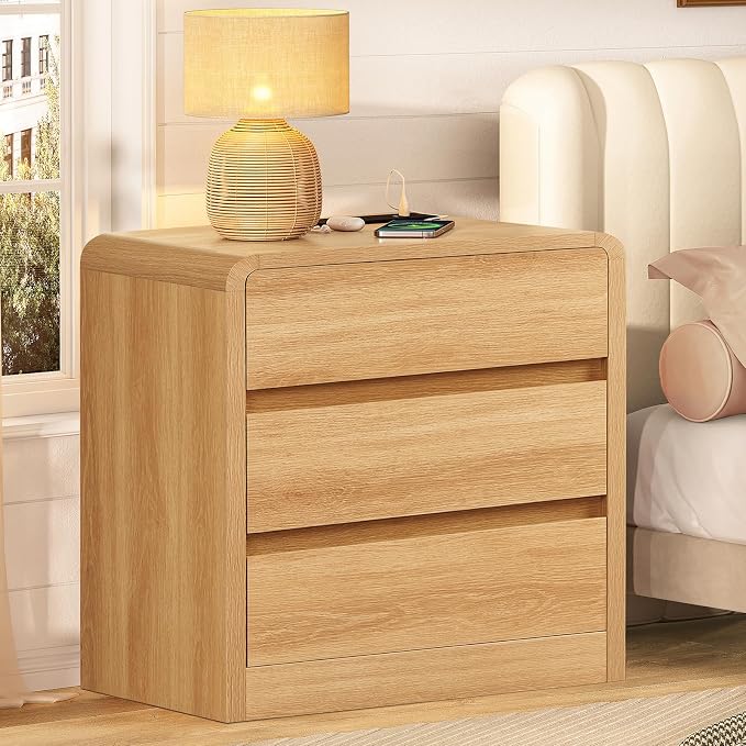 TEENFON Nightstands Set of 2, Night Stand with 3 Storage Drawer and Charging Station, Modern End Tables Wide Night Stands for Bedroom Sofa Couch Home Office, Natural