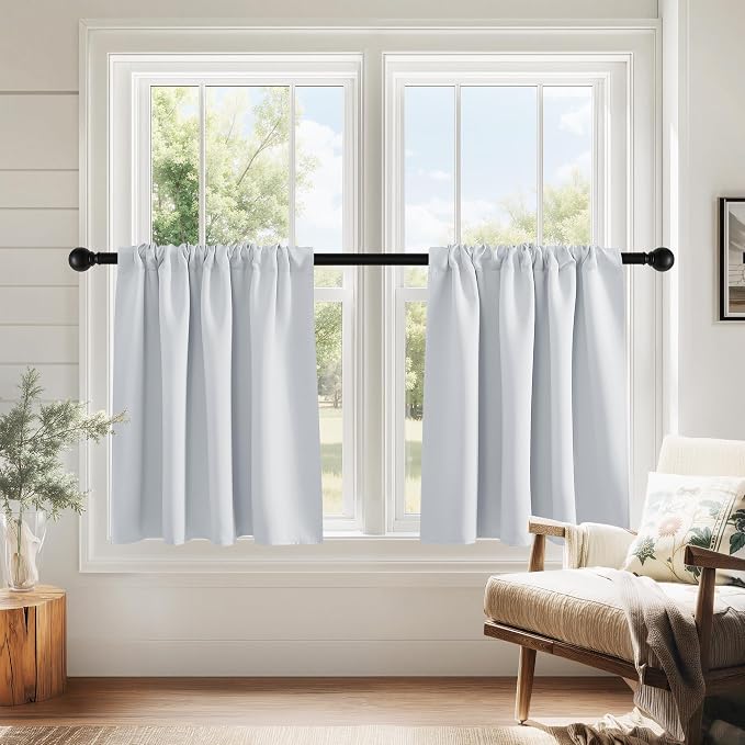 PONY DANCE Short Length Curtains for Kitchen, RV Curtain Tiers for Bedroom, Room Darkening for Bedroom, Width 29 x Length 24 inches,Greyish White, 2 Pieces