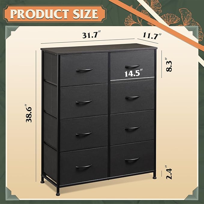 WLIVE Fabric Dresser for Bedroom, Tall Dresser with 8 Drawers, Storage Tower with Fabric Bins, Double Dressers, Chest of Drawers for Closet, Living Room, Hallway, Charcoal Black | Black tall 8-drawer fabric dresser with bins, sleek modern tower for bed...