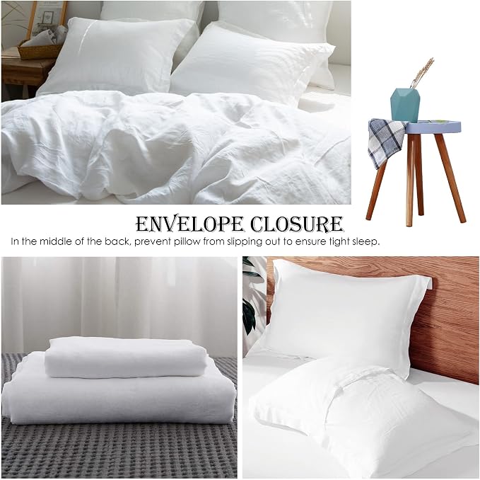 Simple&Opulence 100% Linen Duvet Cover Set 3pcs Basic Style Natural French Washed Flax Solid Color Soft Breathable Farmhouse Bedding with Button Closure - White, California King