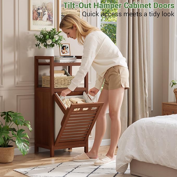 Homykic Tilt Out Laundry Hamper Cabinet, 10 Gal Bamboo Laundry Organizer | Wooden Laundry Basket with Removable Bag, Hidden Hamper with Shelf for Clothes, Bathroom, Laundry Room, Space Saving, Walnut
