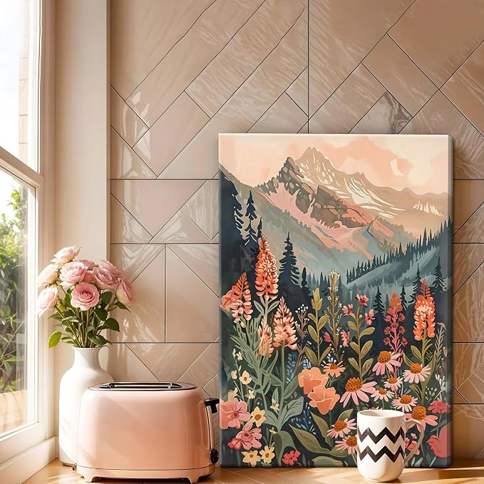 Framed Wildflower Mountain Landscape Wall Art Set of 3, Colorful Floral Wall Decor, Boho Sunset Landscape Canvas Artwork, Earth Tone Botanical Poster Prints for Living Room Bedroom 12x16 Inch