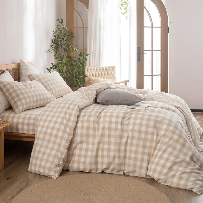 BESTOUCH Gingham Cotton Duvet Cover Set Almond Grey King | Washed Cotton, Linen Feel, Soft Wrinkle Texture, Hidden Zipper, 8 Ties, Breathable Lightweight Durable Comfy, 3 Pcs No Insert