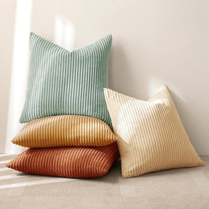 MIULEE Soft Corduroy Decorative Throw Pillow Covers Teal-Rust 18x18 | Set of 4, Mordern Rustic Home Decor, Retro Vintage Set, Boho Farmhouse Cushion Covers for Couch Bed Sofa Living Room