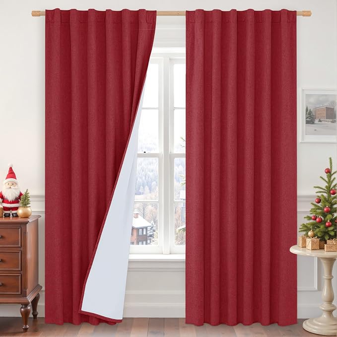 Red 100% Blackout Linen Bedroom Curtains 84 Inch with White Liner | Privacy, Christmas Decor, Living Room Curtains, Room Darkening, Rod Pocket Back Tab, Neutral Drapes, 2 Panels, 52 x 84 Inch