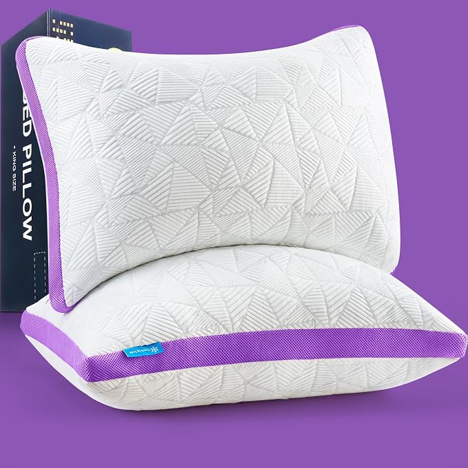 BETU Cooling Pillows Queen Size Set of 2, Shredded Memory Foam Pillows Cool for Hot Sleepers, Adjustable Firm Soft Support Bed Pillow Perfect for Back Neck Pain and Side Sleeping with Cover, Purple