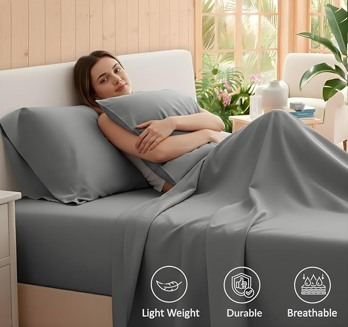 RUVANTI 100% Cotton Percale Sheets, Full Size, Dark Gray | Crisp Cooling, Deep Pocket 16", Soft Breathable & Durable, Hotel-Style, 4 Piece Set