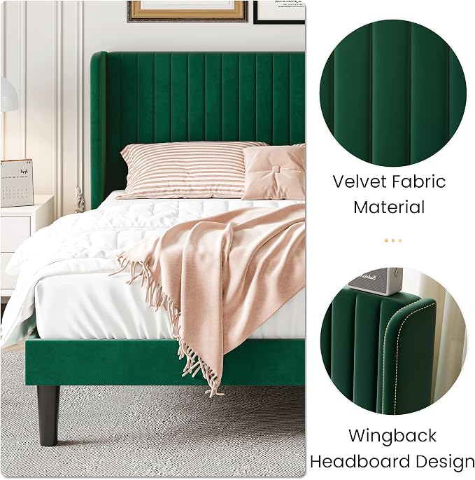 SHA CERLIN Full Size Velvet Bed Frame, Tufted Wingback Headboard, Green | 47'' Modern Vertical Channel Headboard, Upholstered Platform Bed, Wood Slats, No Box Spring Needed, Easy Assembly, Noise Free
