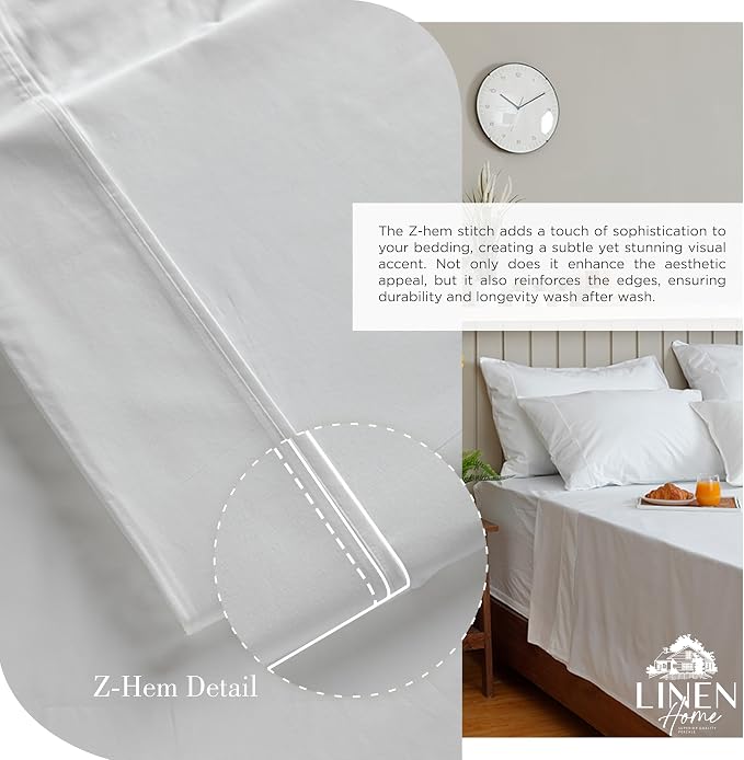 Linen Home 100% Cotton Percale Sheets Queen Size, White, Deep Pocket, 4 Pieces Set - 1 Flat, 1 Deep Pocket Fitted Sheet and 2 Pillowcases, Crisp Cool and Strong Bed Linen (Pack of 2)