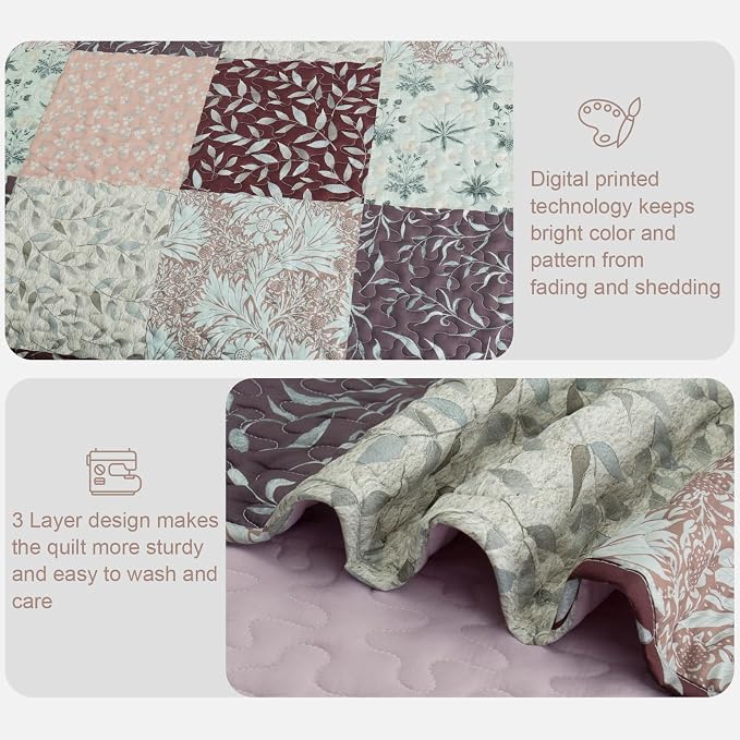 Exclusivo Mezcla Reversible Boho Quilts Queen Size Brown | Lightweight Soft Bedspreads, All Season Patchwork Coverlet Bedding Set, Printed Floral Pattern, 1 Quilt and 2 Pillow Shams