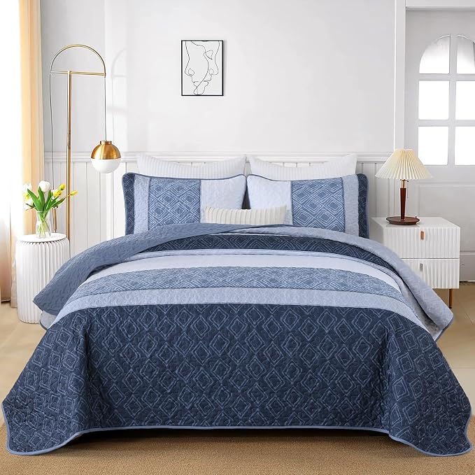 Cottolester Full Size Quilt,3 Pcs Mineral Blue Striped Plaid Bedspread | Boho Summer Bedding Set，Soft Lightweight Coverlets Set for Men Women,Microfiber Quilt Bedding Sets for All Seasons 78"x90"