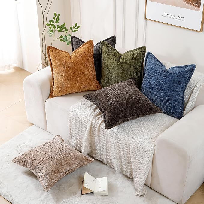 HPUK Chenille Throw Pillow Covers 18x18 Inch, Soft Woven Texture, Set of 2 | Plush woven texture, invisible zipper, couch sofa bed bedroom living room decor, square cushion covers, inserts not included