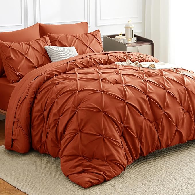 HIMEET King Size Comforter Set Burnt Orange - 7 Pieces Pintuck Bed in a Bag | OEKO-TEX Certified, 240GSM Down Alternative Comforter, 14" Deep Pocket Fitted Sheet + Flat Sheet + 2 Pillowcases + 2 Shams